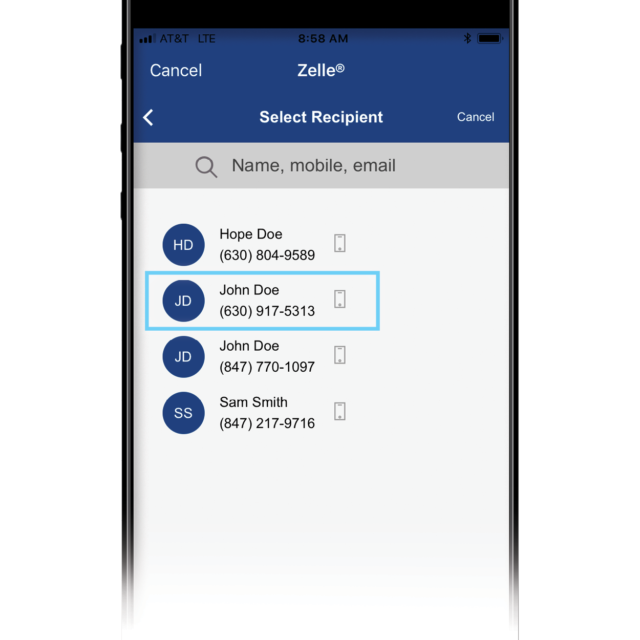 Zelle app with person's contact information selected. 